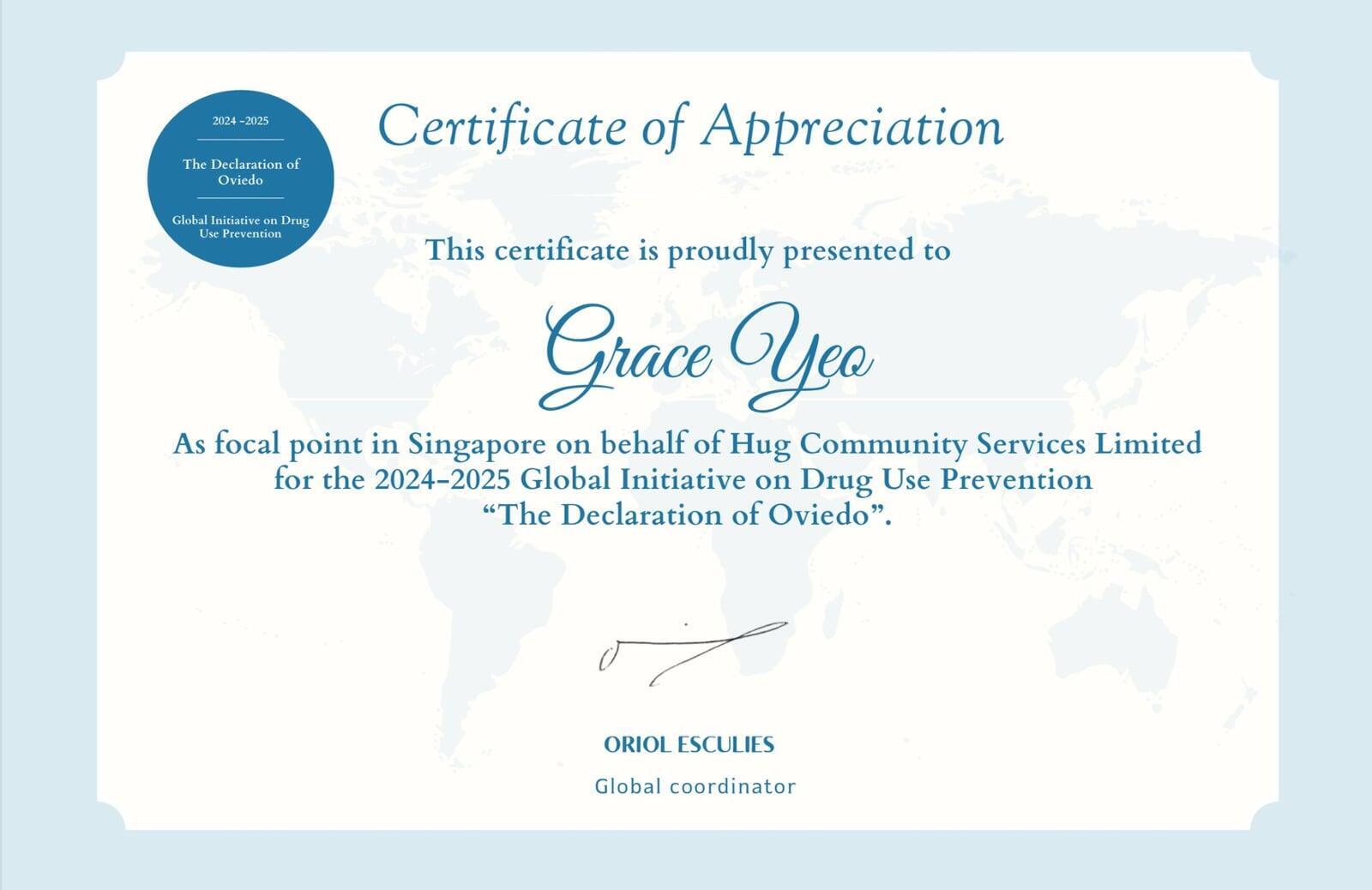 HUG Receives Certificate of Appreciation From The Global Task Force
